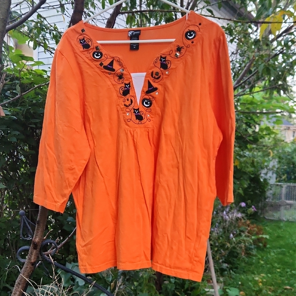 Vintage Holiday Editions, Women's Orange Embroidered Beaded Fun Halloween Top 1X